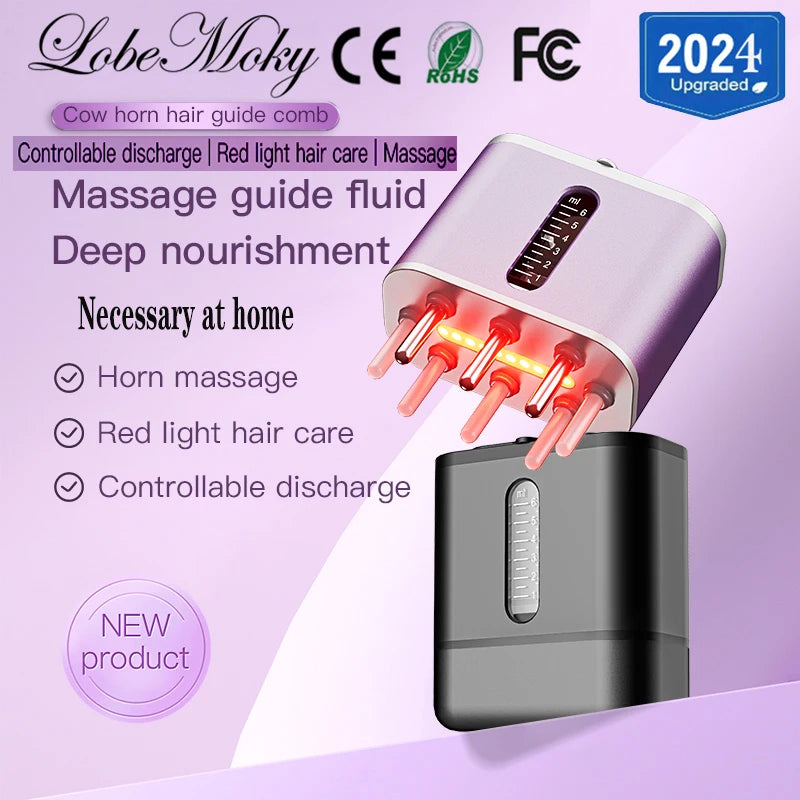Lobemoky Scalp Massager Cow Horn Massage Comb Red Light Essence Oil Applicator Promote Hair Growth Portable Hair Guid Comb - Scalpx