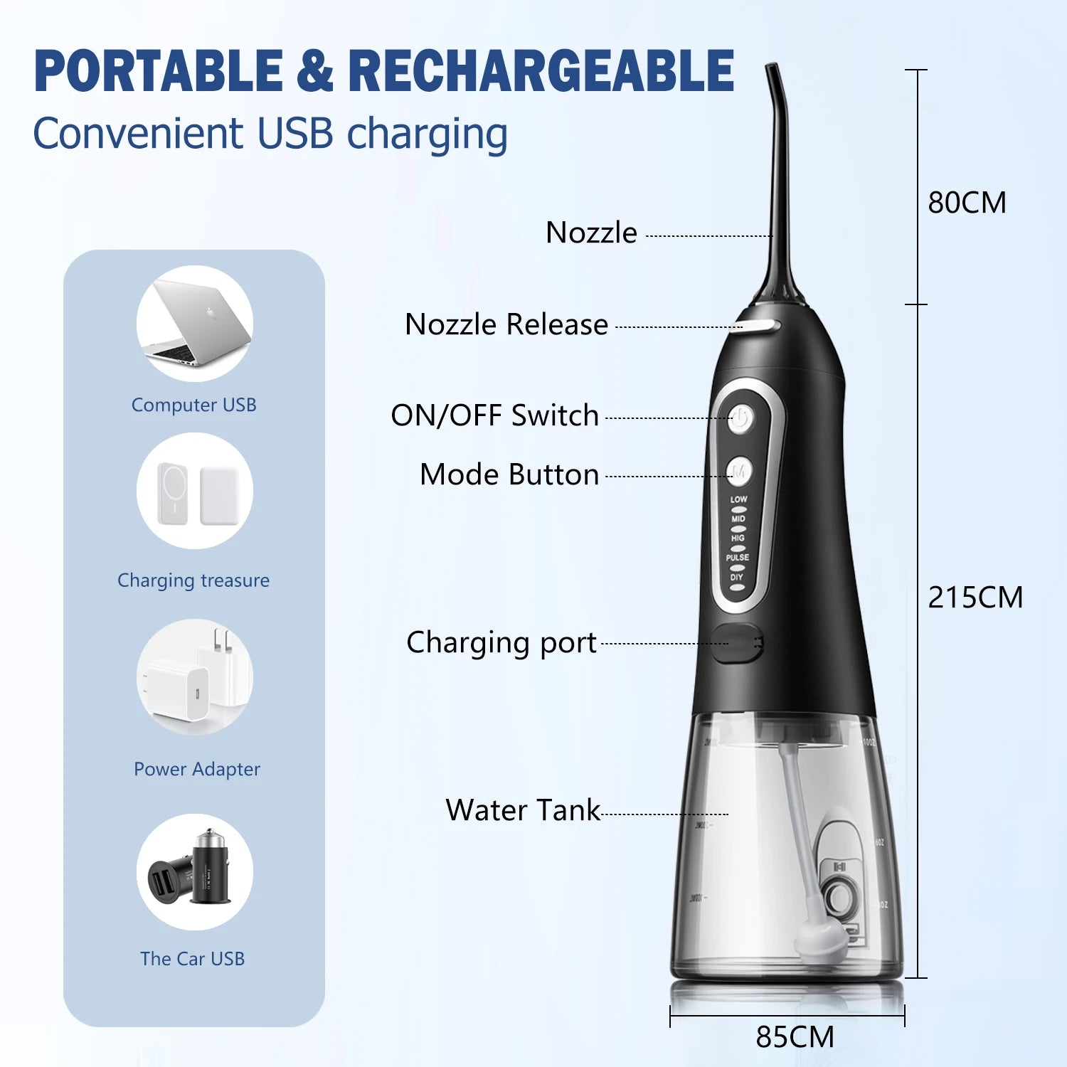 Oral Irrigator USB Rechargeable Water Flosser Portable Dental Water Jet 300ML Water Tank Waterproof Teeth Cleaner For Oral Care - Scalpx